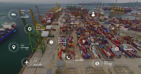 Animation of icons with data processing over shipyard - Powered by Adobe