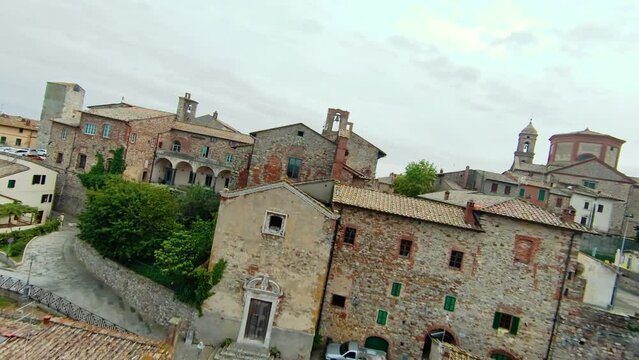 Drone Fly Over The Italian Village Of Lucignano, Arezzo In Tuscany, Italy. FPV 