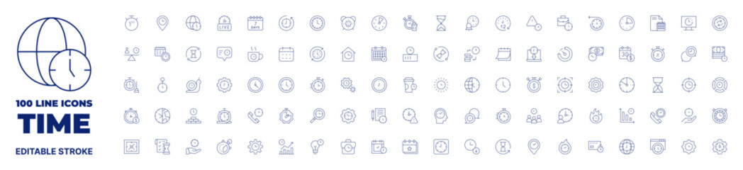 100 icons Time collection. Thin line icon. Editable stroke.