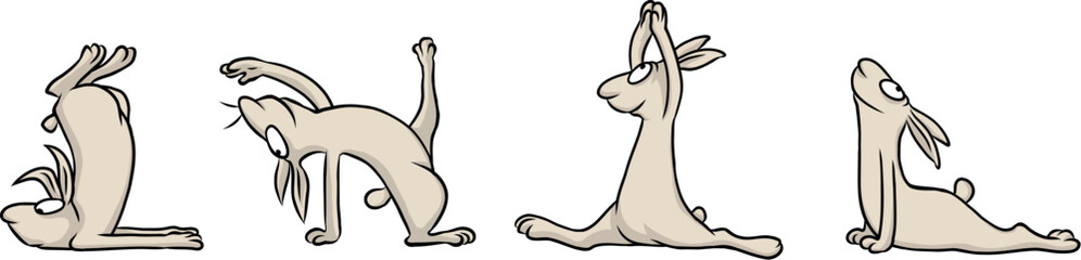 Witziger Cartoon von einem niedlichen Hasen, der sich in verschiedenen Posen beim Yoga streckt und verbiegt für mehr Balance
