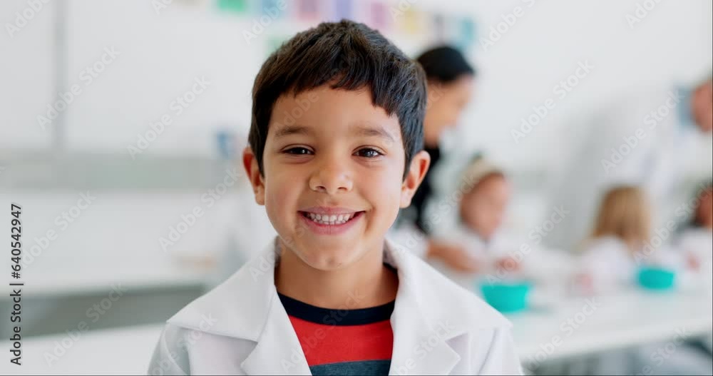 Poster boy, face and child scientist in class with education, smile and knowledge, learning and study at sc