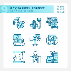 Medical technology pixel perfect light blue icons. Modern equipment. Health care center. Hospital devices. RGB color. Website icons set. Simple design element. Contour drawing. Line illustration