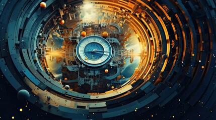 Obraz premium 3D rendering of a futuristic space station with planets and sun in the background. 