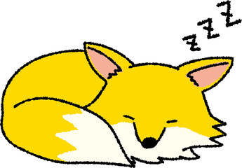 丸くなって寝ている手書き風キタキツネ