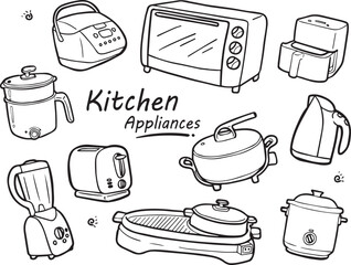 Vector hand drawn black line drawing over a white background about kitchen appliances. It is a device to help facilitate quick and easy cooking in the modern time.