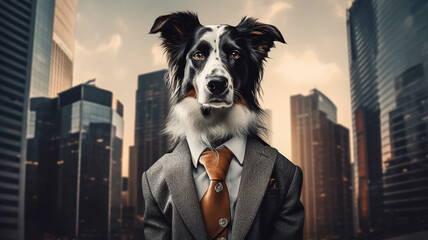 Dog wearing a suit in the big city: