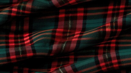Red, green and Black seamless Checkered tartan fabric perfect for shirts or tablecloths, featuring a classic Scottish plaid design. Also great as a versatile backdrop or wallpaper.