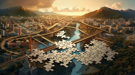 Puzzle pieces connecting urban sprawl and wilderness | generative ai - obrazy, fototapety, plakaty