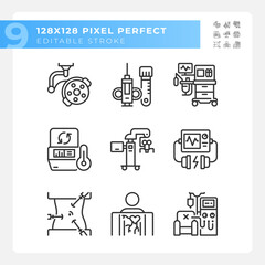 Medical technology pixel perfect linear icons set. Modern equipment. Health care center. Hospital devices. Customizable thin line symbols. Isolated vector outline illustrations. Editable stroke