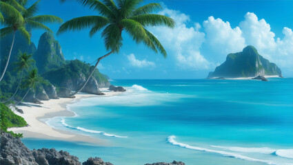 Fototapeta na wymiar Tropical beach with palm tree by Generative AI