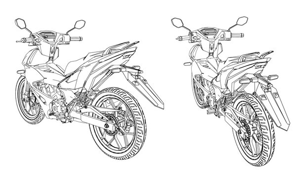 modern underbone motorcycle line art illustration on transparent background. 2d technical drawing style.. Back view