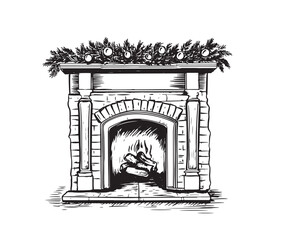 Fireplace with socks and Christmas decorations, hand drawn illustration. Vector.	
