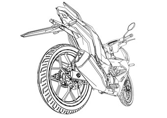 modern underbone motorcycle line art illustration on transparent background. 2d technical drawing style. Low angle.