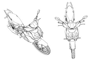 modern underbone motorcycle line art illustration on transparent background. 2d technical drawing style. High angle.