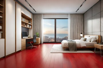 modern bedroom with red floor generated by AI tool