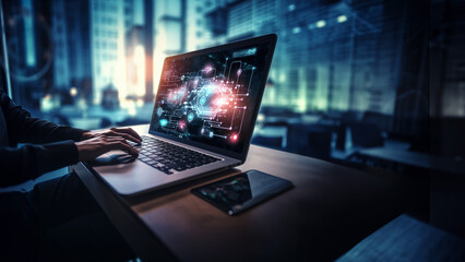 laptop and digital transformation in coffee shop