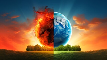 The harsh reality of climate change, featuring a burning globe under a fiery red sky on one side, contrasted with a lush, green, and thriving environment on the other side. Generative AI - obrazy, fototapety, plakaty