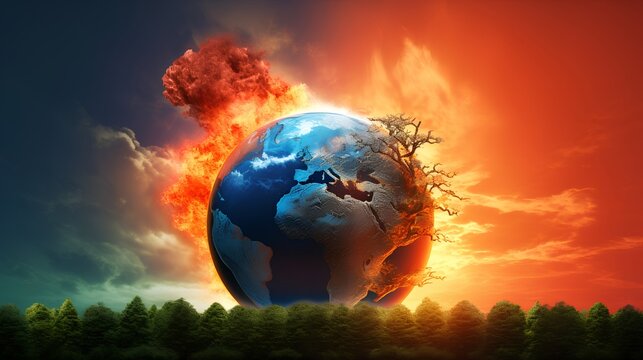 The harsh reality of climate change, featuring a burning globe under a fiery red sky on one side, contrasted with a lush, green, and thriving environment on the other side. Generative AI