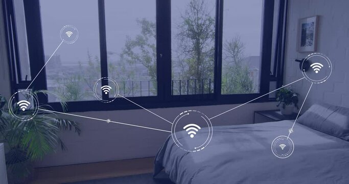 Animation of network of conncetions with icons over bedroom