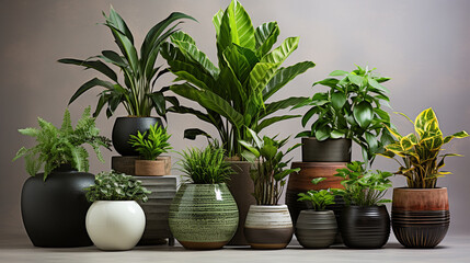 Collection of various houseplants displayed in ceramic pot white background