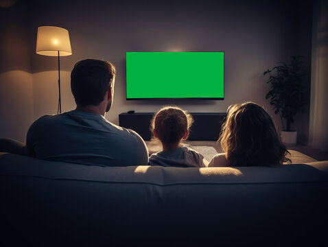 A family watching TV from their sofa. Concept of binging, streaming, pay-per-view, and shared movie nights. The TV features a chroma key green screen, offering unique customization possibilities.
