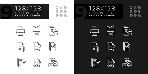 Pixel perfect dark and light icons representing document, editable thin line illustration set.