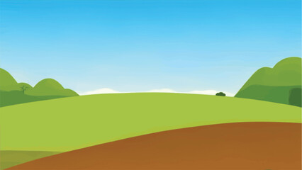 A green field hills in the background