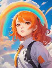 A girl with orange hair and a rainbow in the background by Generative AI