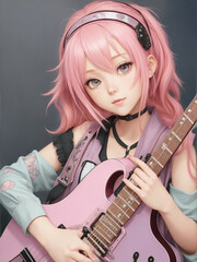 Obraz premium A girl with pink hair and a guitar in her hand by Generative AI
