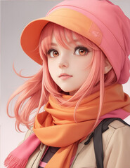 Cute anime girl with a pink scarf by Generative AI