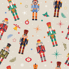 Seamless Christmas Pattern with Nutcrackers in Vector on beige.