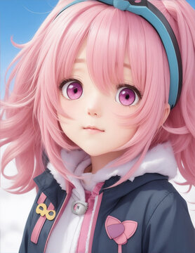 Photo cute fluffy young anime girl, pink hair by Generative AI