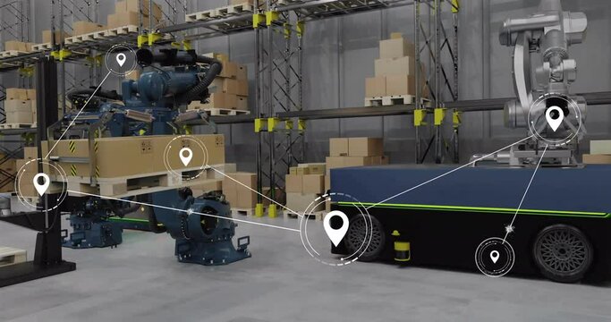 Animation of network of conncetions with icons over robotic arms and boxes in warehouse