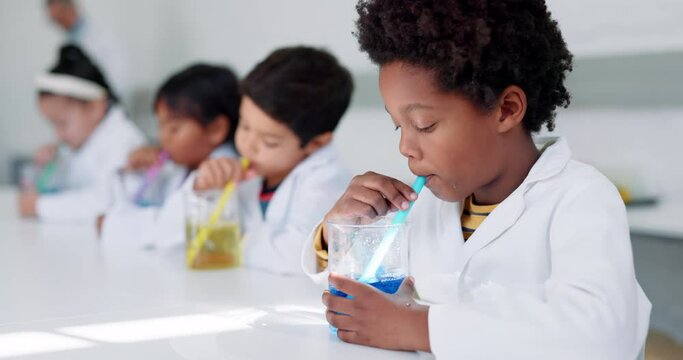 Science, research and learning with children blowing bubbles, laboratory and chemical experiment for chemistry project. Innovation, students and school with physics liquid for education and analysis