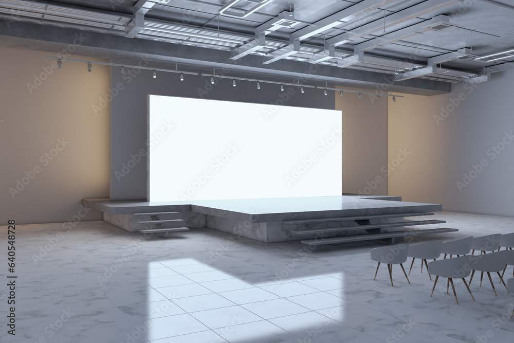 Poster Side view of modern luxury auditorium with stage and blank white mock up screen. 3D Rendering.