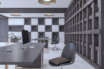 New designer office interior with furniture and equipment. 3D Rendering.