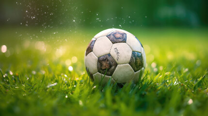 Naklejka premium Close-up of a soccer ball on the vibrant green field