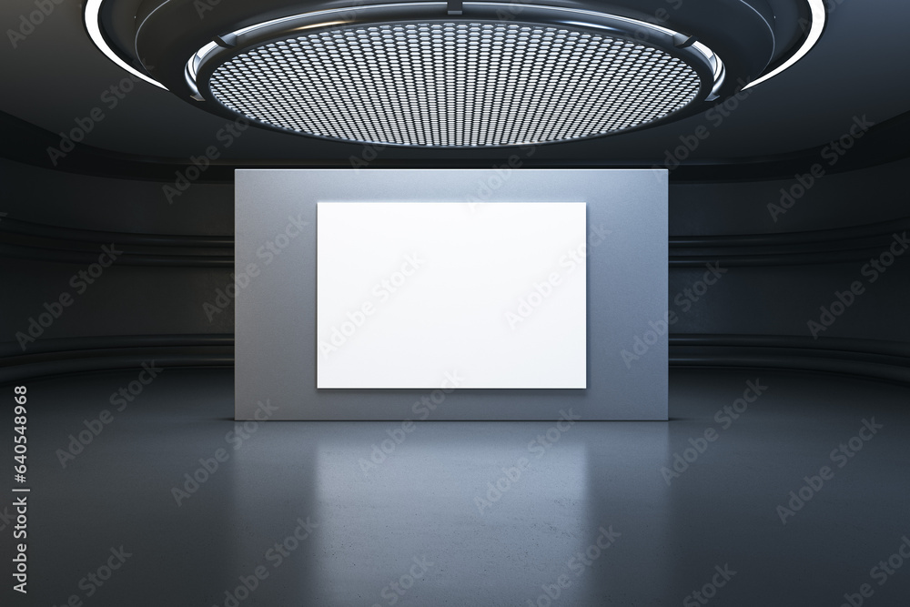 Poster modern dark futuristic interior with round ceiling and empty poster with mock up place. grunge garag