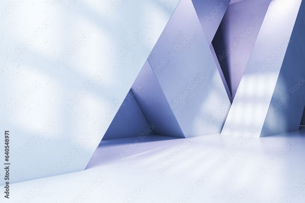 Poster clean concrete gallery interior with geometric walls. 3d rendering.