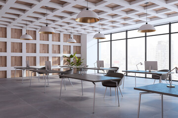 Bright designer office interior with furniture, equipment, decorative wall and window with city view and daylight. 3D Rendering.