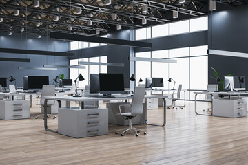 Contemporary bright coworking office interior with panoramic windows, city view, decorative plants and wooden flooring. 3D Rendering.