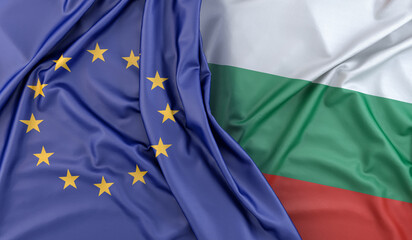 Ruffled Flags of European Union and Bulgaria. 3D Rendering