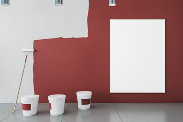 Modern interior with blank mock up poster, red paint on white wall, painting tools, ladder, lamps and concrete flooring. Repairs concept. 3D Rendering.
