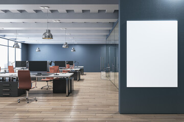 Modern wooden and concrete coworking office interior with blank mock up poster on wall, glass partition, windows, furniture and equipment. 3D Rendering.