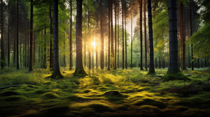 Panoramic view of sunbeams through the trees in the forest
