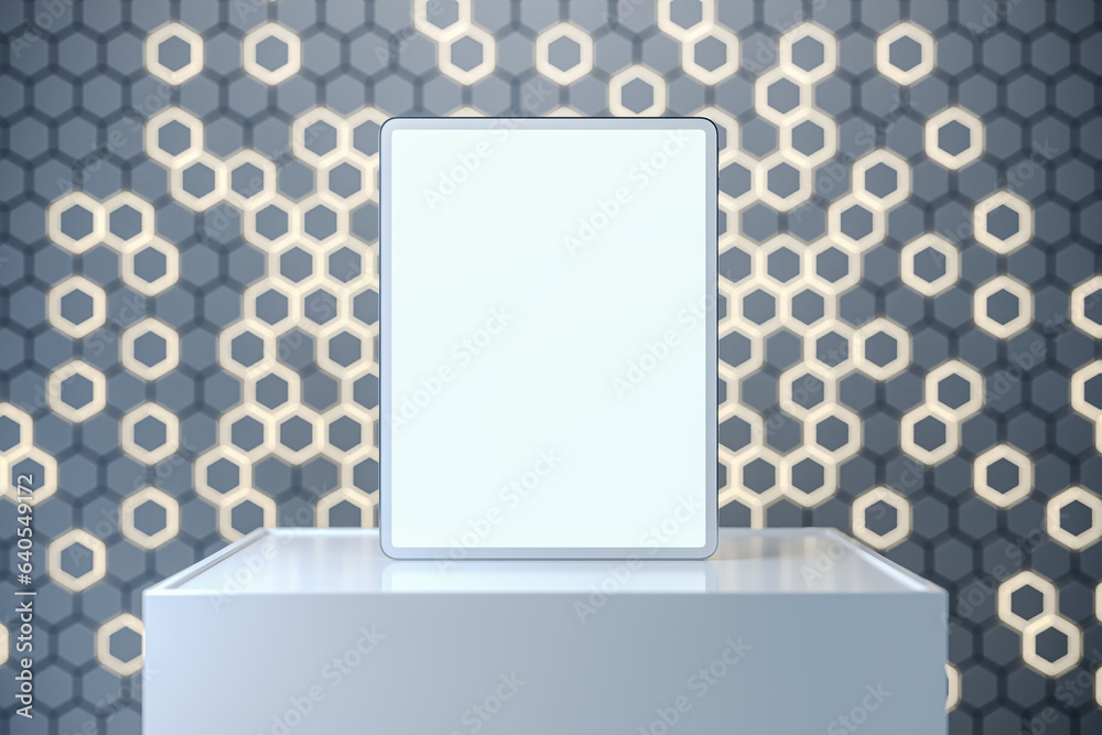 Aufkleber Empty white tablet screen on pedestal with mock up place and gray hexagonal background. Creative presentation concept. 3D Rendering.