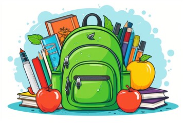 Student Backpack and Stationery Illustration Background, Back to School Poster Banner Concept
