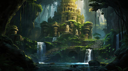 Jungle temple hidden behind cascading waterfalls
