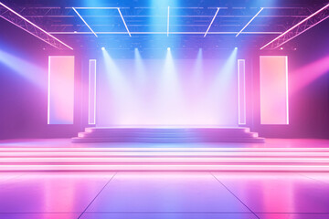 Empty stage light background with spotlight illuminated stage for modern dance. Stage with pastel colors backdrop decoration. Entertainment show. Stage curtain. Theatrical productions.