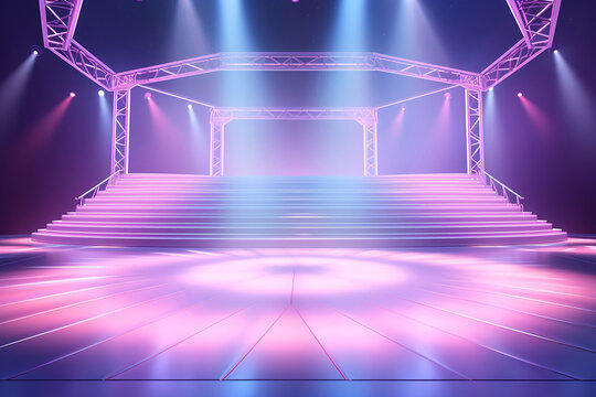 Empty stage light background with spotlight illuminated stage for concert or modern dance. Stage with pastel color decoration. Entertainment show. Night club stage with pink blue light.